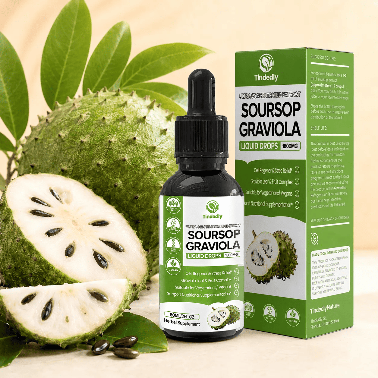 Tindedly Organic Soursop Extract bottle, product box, and fresh soursop fruit