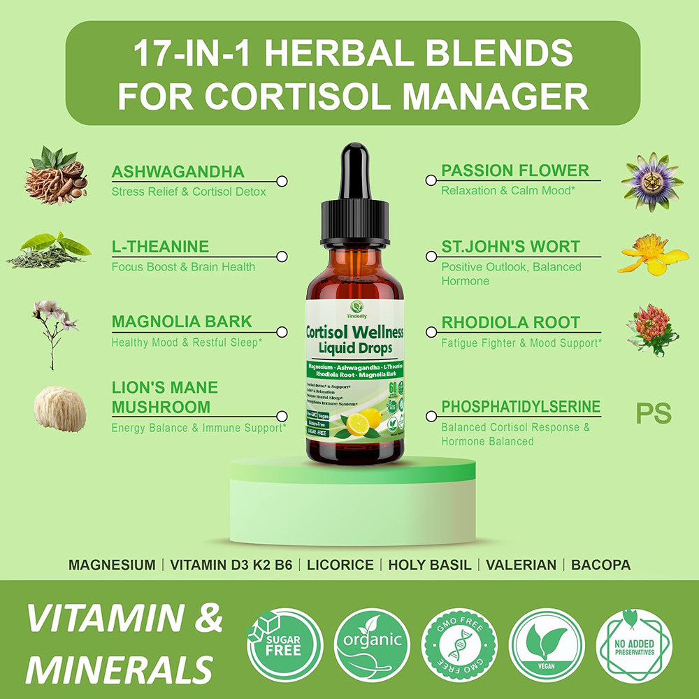 Cortisol Support Liquid Drops – 17-in-1 Herbal Complex with Magnesium, Ashwagandha & L-Theanine – 60ml
