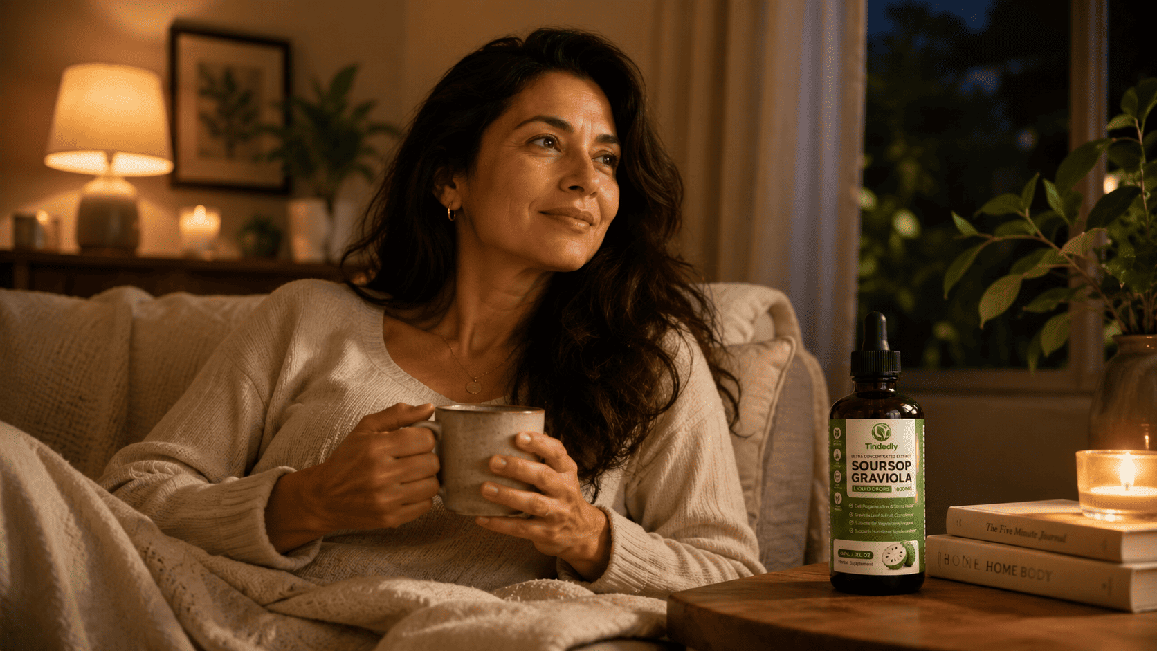 Woman enjoying a calm evening wind-down ritual.