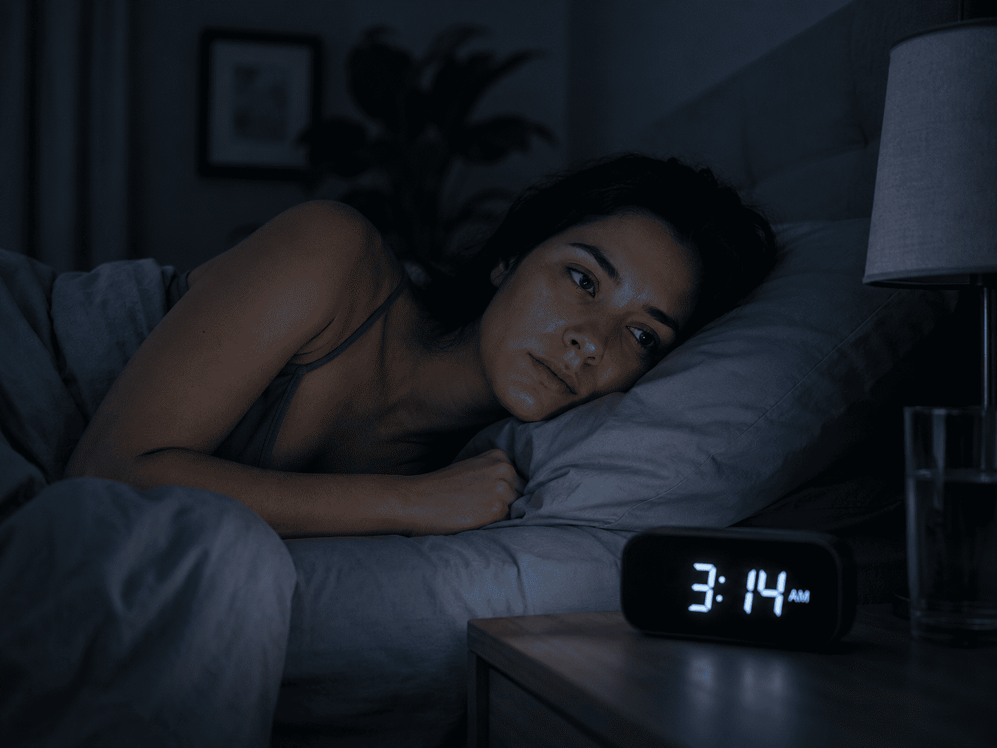 Woman lying awake in the early morning hours.