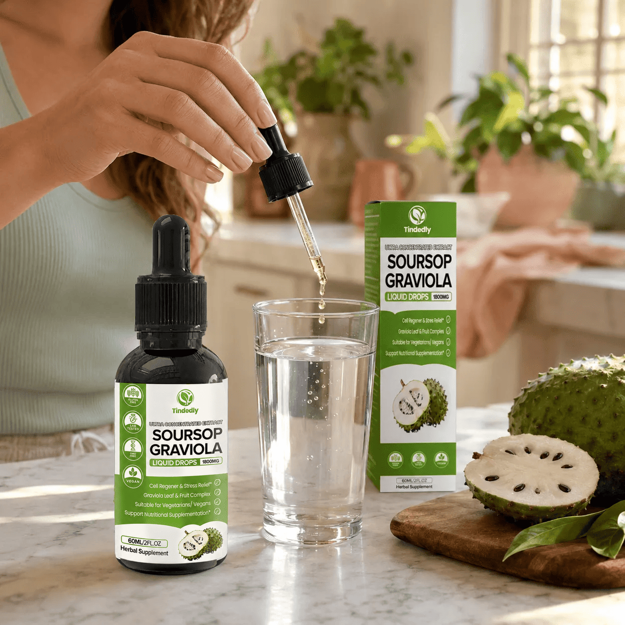 Tindedly Organic Soursop Extract being added to a glass of water as part of a daily routine
