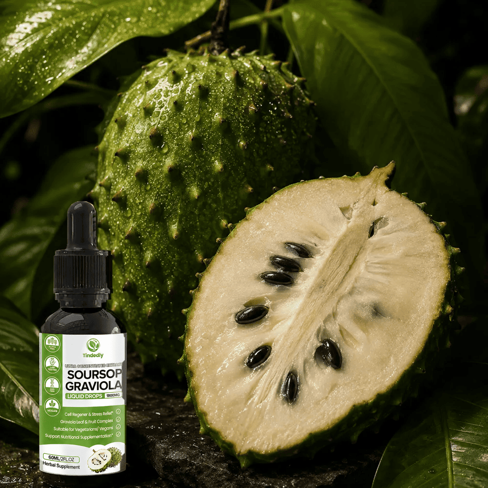 Fresh soursop fruit with Tindedly Organic Soursop Extract bottle in a tropical setting