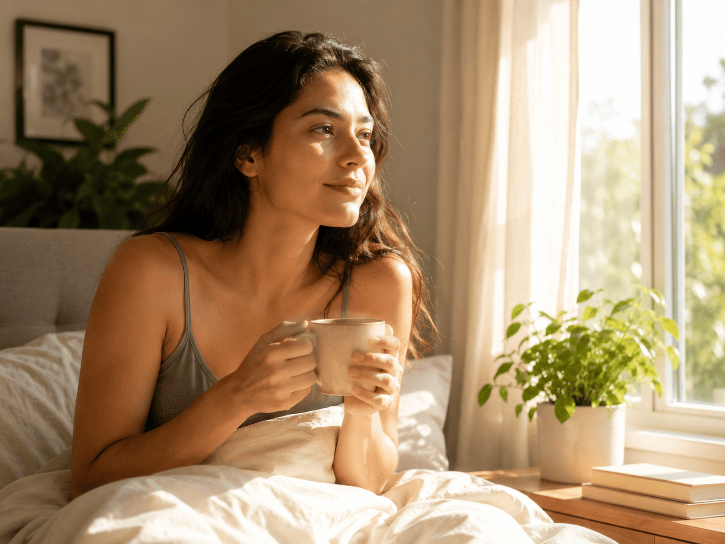 Woman feeling refreshed and clear-headed in the morning.