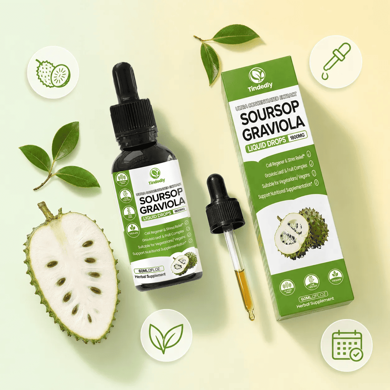 Tindedly Organic Soursop Extract bottle, dropper, product box, and soursop arranged in a clean flat lay