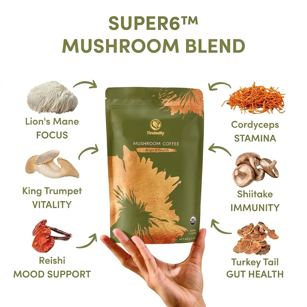 Tindedly™ Mushroom Coffee – Focus, Energy & Immunity in Every Cup