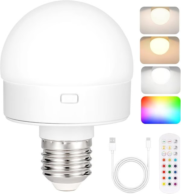 Lampadina ricaricabile con telecomando, lampadina a batteria per applique e lampade da parete, 3 temperature di colore, dimmerabile, E26, lampadina LED ricaricabile rimovibile wireless