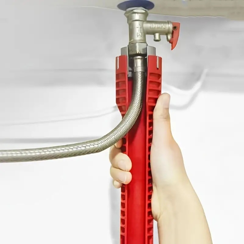 Chiave per lavello in alluminio rosso multifunzione 8 in 1 - Strumento multifunzione, facile installazione e riparazione del bagno, durevole, con impugnatura in gomma
