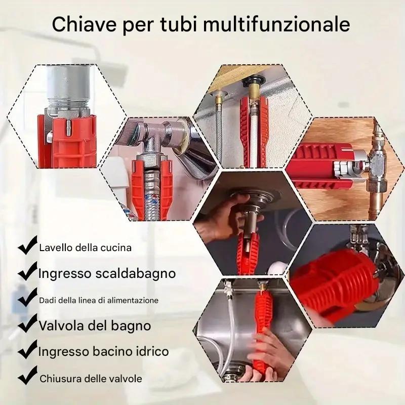 Chiave per lavello in alluminio rosso multifunzione 8 in 1 - Strumento multifunzione, facile installazione e riparazione del bagno, durevole, con impugnatura in gomma