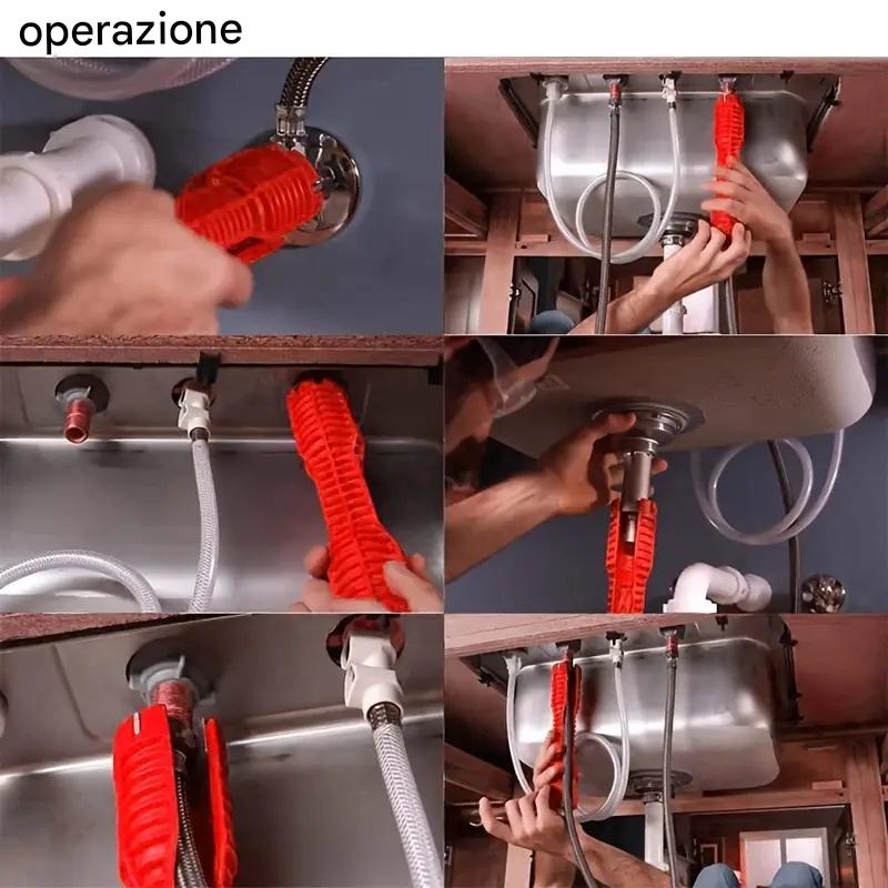 Chiave per lavello in alluminio rosso multifunzione 8 in 1 - Strumento multifunzione, facile installazione e riparazione del bagno, durevole, con impugnatura in gomma