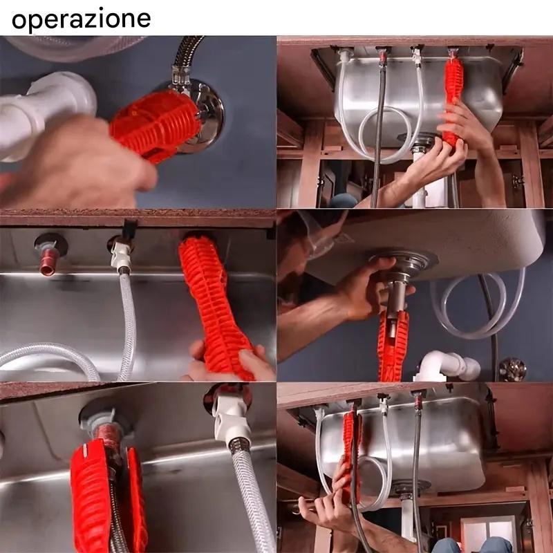 Chiave per lavello in alluminio rosso multifunzione 8 in 1 - Strumento multifunzione, facile installazione e riparazione del bagno, durevole, con impugnatura in gomma