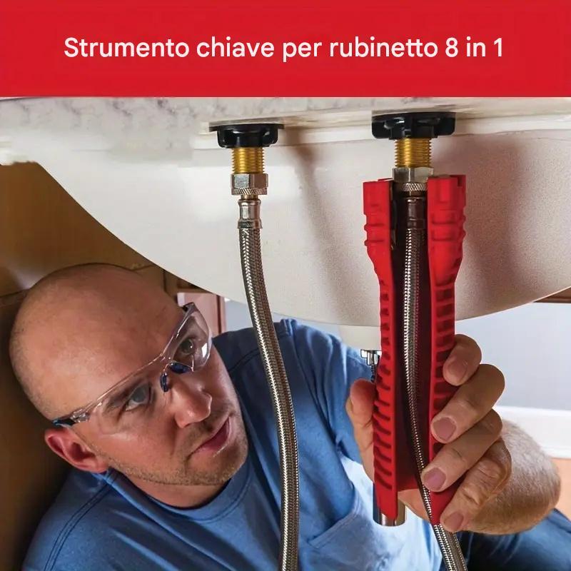 Chiave per lavello in alluminio rosso multifunzione 8 in 1 - Strumento multifunzione, facile installazione e riparazione del bagno, durevole, con impugnatura in gomma