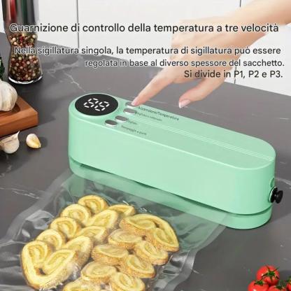 Sigillatrice automatica multifunzionale per alimenti, sigillatrice sottovuoto portatile senza fili con funzione di sigillatura di sacchetti per snack, aspirazione e gonfiaggio esterni, conservazione degli alimenti a lungo termine, design compatto e facile