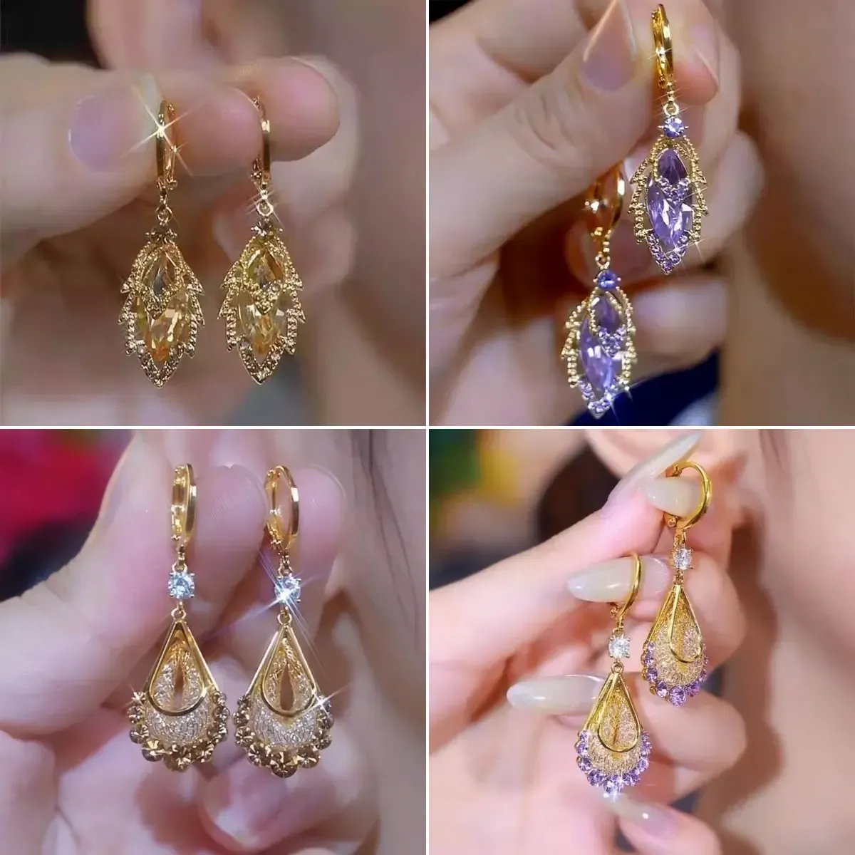 【4 paia】Eleganti orecchini in oro con diamanti scintillanti