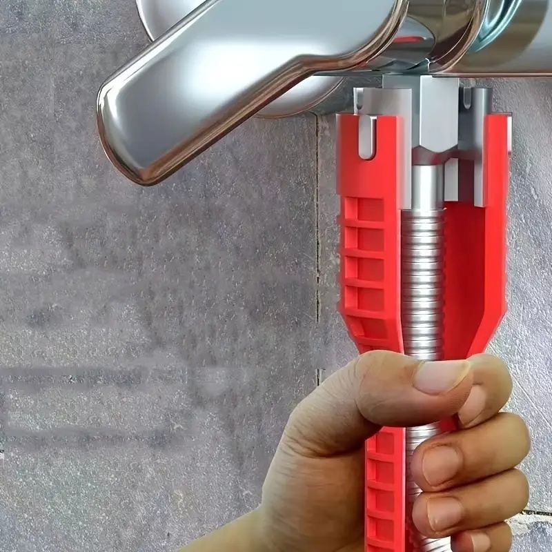 Chiave per lavello in alluminio rosso multifunzione 8 in 1 - Strumento multifunzione, facile installazione e riparazione del bagno, durevole, con impugnatura in gomma