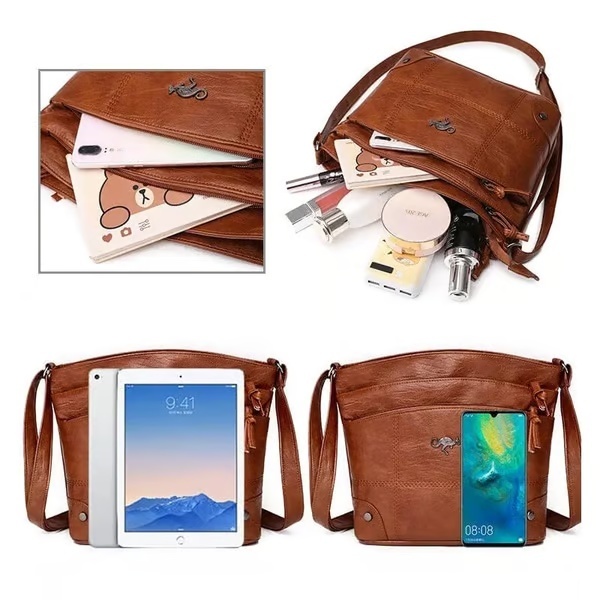 Borsa a tracolla multitasche in morbida pelle, grande capacità