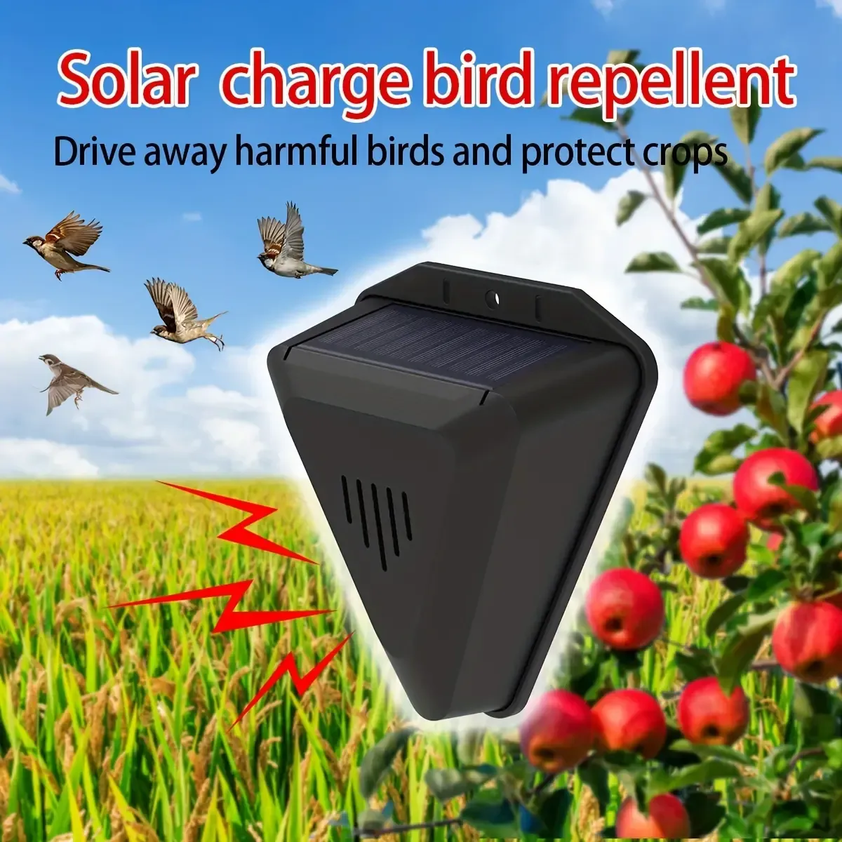 Repellente per uccelli con allarme sonoro e luminoso, per laghetto di pesci da frutteto e risaia, a energia solare