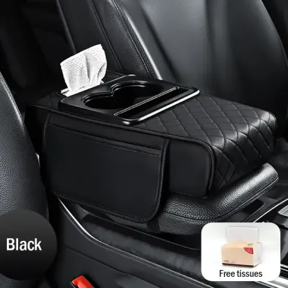 Bracciolo universale 4 in 1 in pelle per auto con porta fazzoletti incorporato e portabicchieri