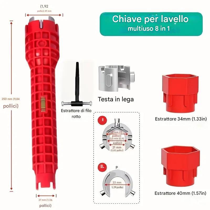 Chiave per lavello in alluminio rosso multifunzione 8 in 1 - Strumento multifunzione, facile installazione e riparazione del bagno, durevole, con impugnatura in gomma