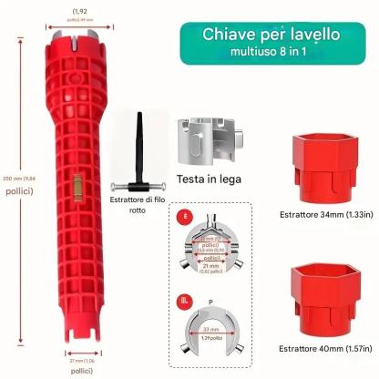 Chiave per lavello in alluminio rosso multifunzione 8 in 1 - Strumento multifunzione, facile installazione e riparazione del bagno, durevole, con impugnatura in gomma