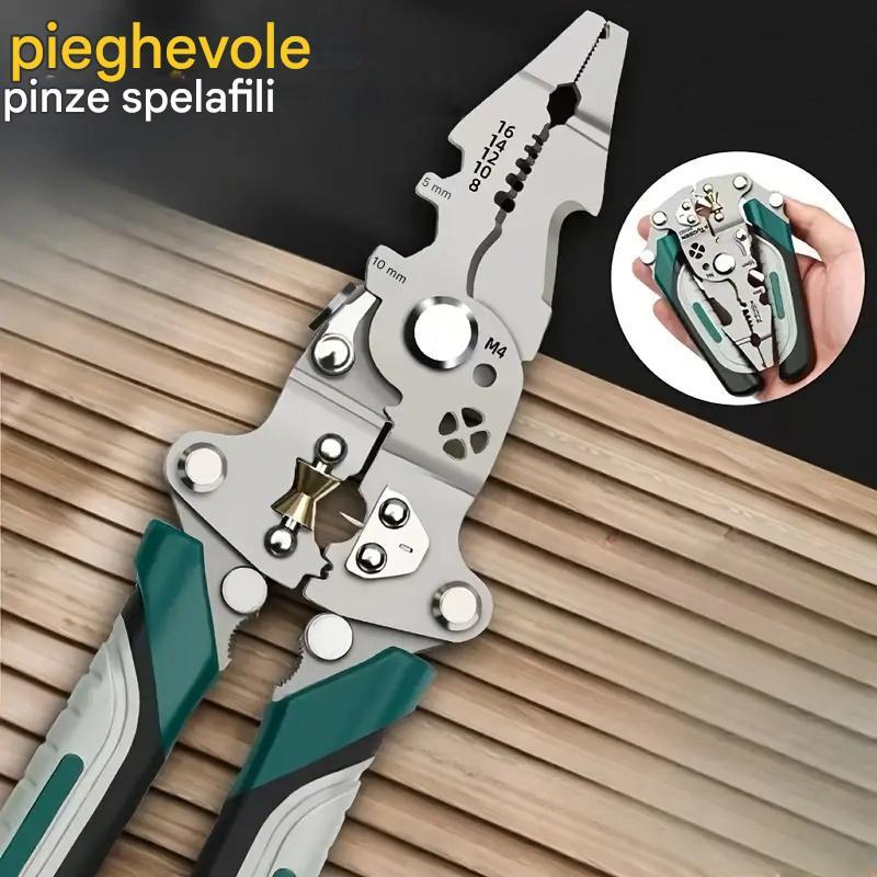 Spellafili pieghevoli multifunzionali: spelafili speciali progettati per elettricisti, in grado di spellare fili, tagliare fili, torcere tubi dell'acqua, crimpare terminali, ecc. Design pieghevole per una facile conservazione. Può essere utilizzato presso