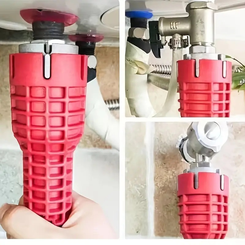 Chiave per lavello in alluminio rosso multifunzione 8 in 1 - Strumento multifunzione, facile installazione e riparazione del bagno, durevole, con impugnatura in gomma