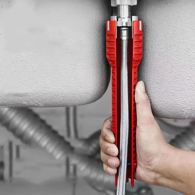 Chiave per lavello in alluminio rosso multifunzione 8 in 1 - Strumento multifunzione, facile installazione e riparazione del bagno, durevole, con impugnatura in gomma