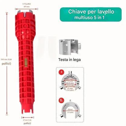 Chiave per lavello in alluminio rosso multifunzione 8 in 1 - Strumento multifunzione, facile installazione e riparazione del bagno, durevole, con impugnatura in gomma