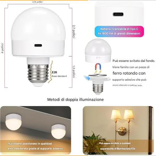 Lampadina ricaricabile con telecomando, lampadina a batteria per applique e lampade da parete, 3 temperature di colore, dimmerabile, E26, lampadina LED ricaricabile rimovibile wireless