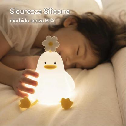 Luce notturna a LED a forma di anatra kawaii con fiore, squishy, ​​regalo, lampada a forma di anatra ricaricabile tramite USB