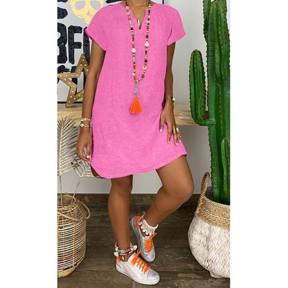 Ladies Cotton Linen Short Sleeve V Neck Dress
