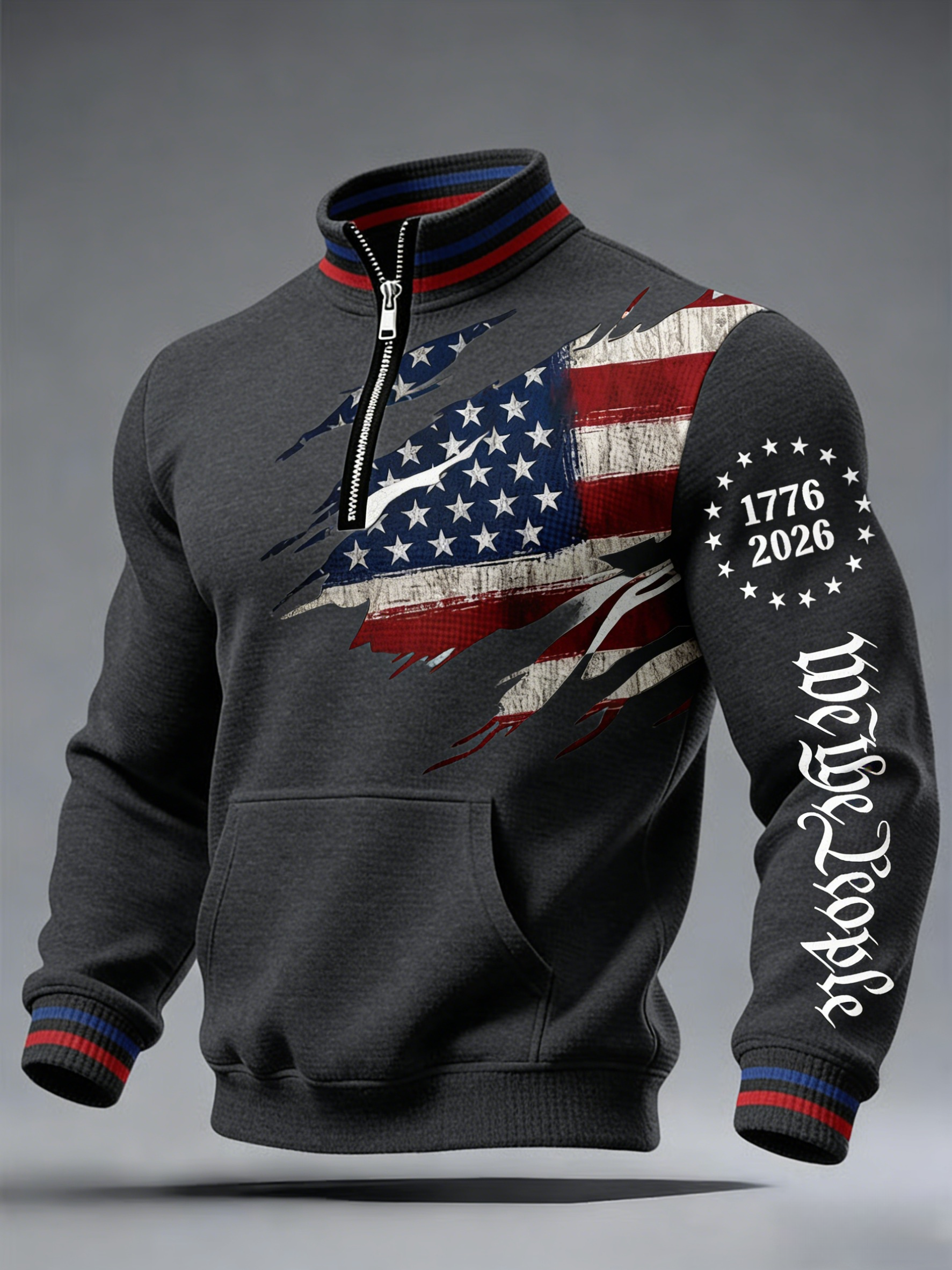 Men's 250th America Anniversary Casual Printed Stand Collar Zip Waffle Sweatshirt