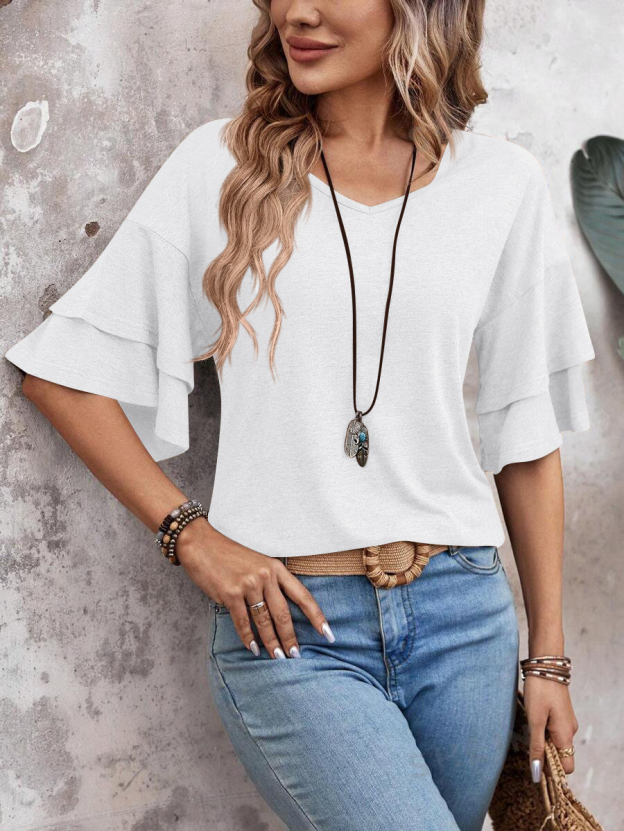 summer solid-color V-neck double-layer sleeve loose short-sleeve T-shirt