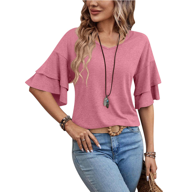 summer solid-color V-neck double-layer sleeve loose short-sleeve T-shirt