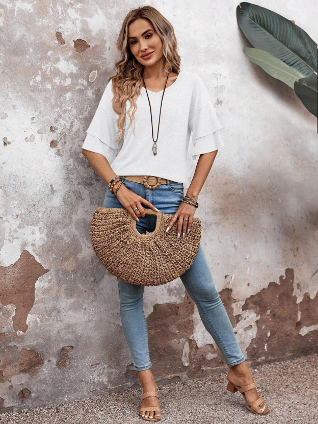 summer solid-color V-neck double-layer sleeve loose short-sleeve T-shirt