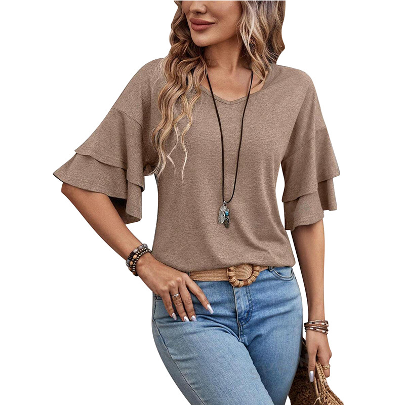 summer solid-color V-neck double-layer sleeve loose short-sleeve T-shirt