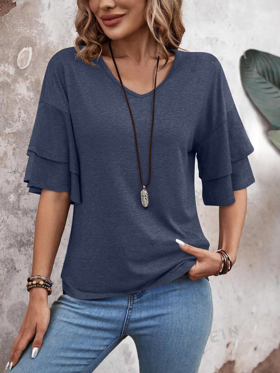 summer solid-color V-neck double-layer sleeve loose short-sleeve T-shirt