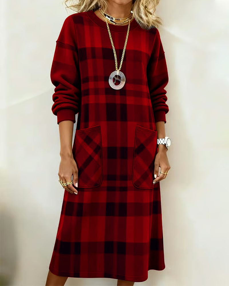 Plaid Print Pocket Shift Dress