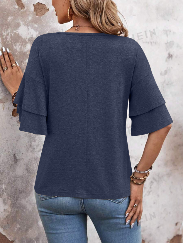 summer solid-color V-neck double-layer sleeve loose short-sleeve T-shirt