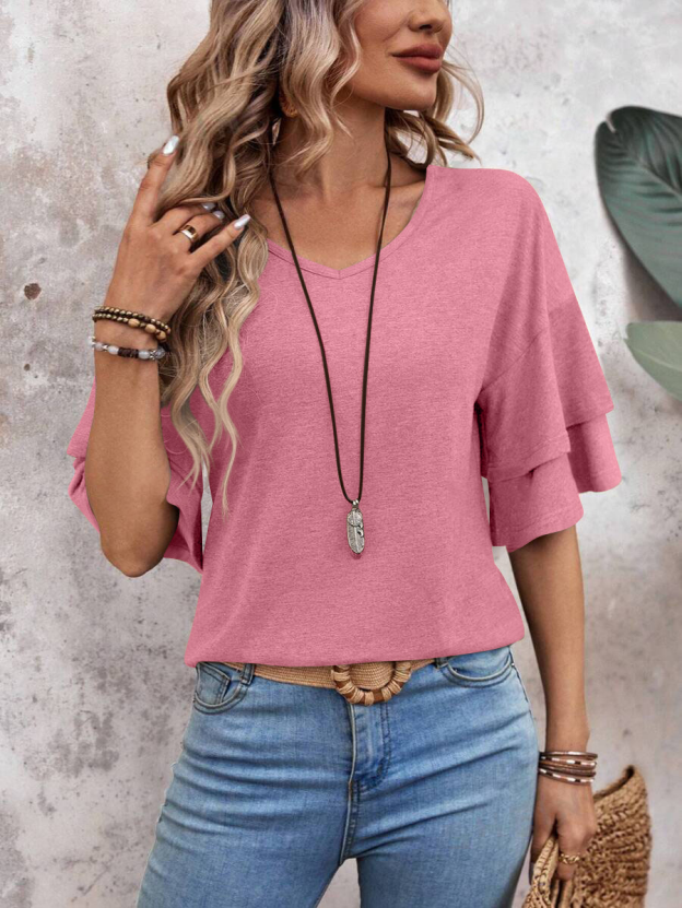 summer solid-color V-neck double-layer sleeve loose short-sleeve T-shirt