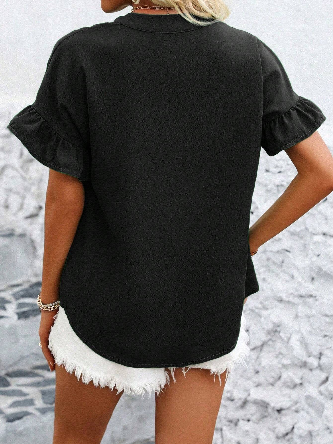Casual short-sleeved gathered buttoned solid-color cotton-linen stand-collar shirt