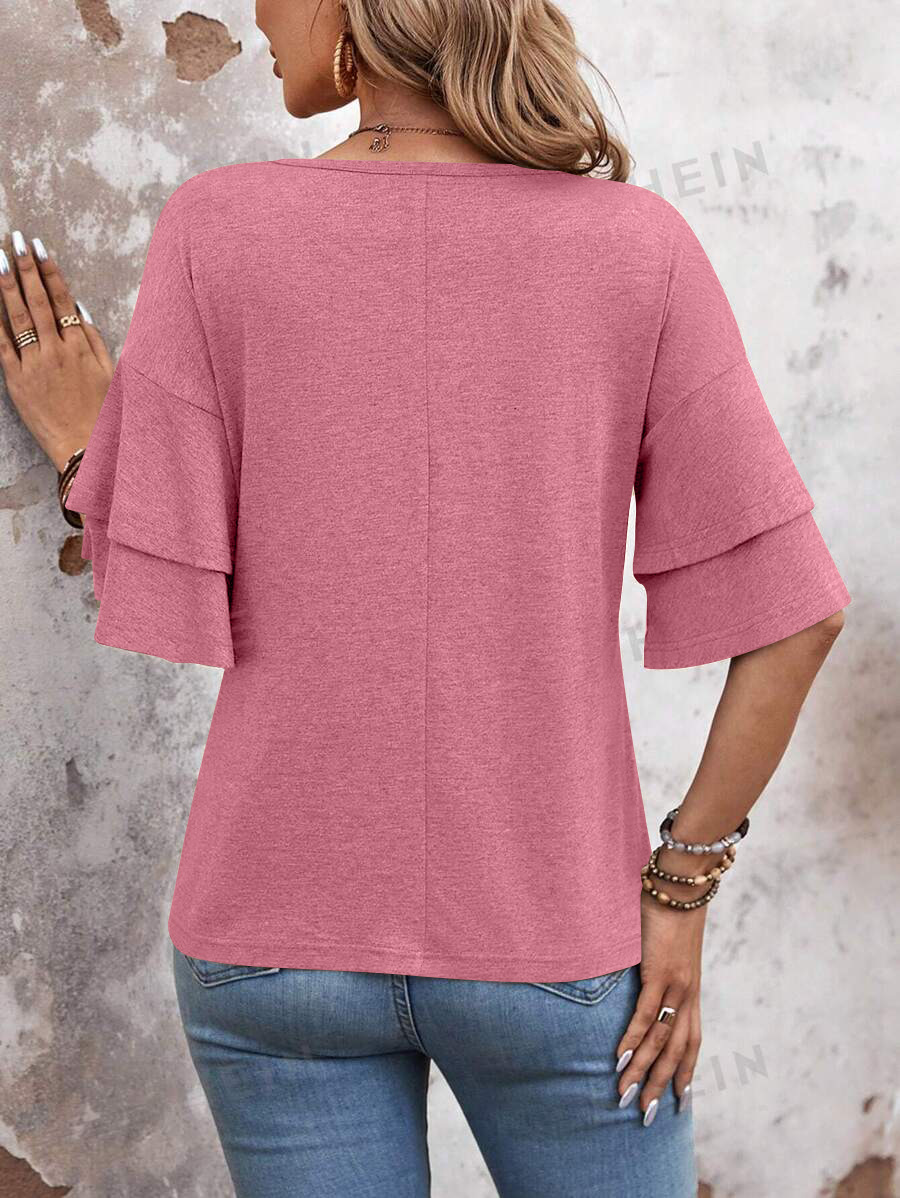 summer solid-color V-neck double-layer sleeve loose short-sleeve T-shirt