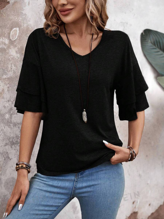 summer solid-color V-neck double-layer sleeve loose short-sleeve T-shirt