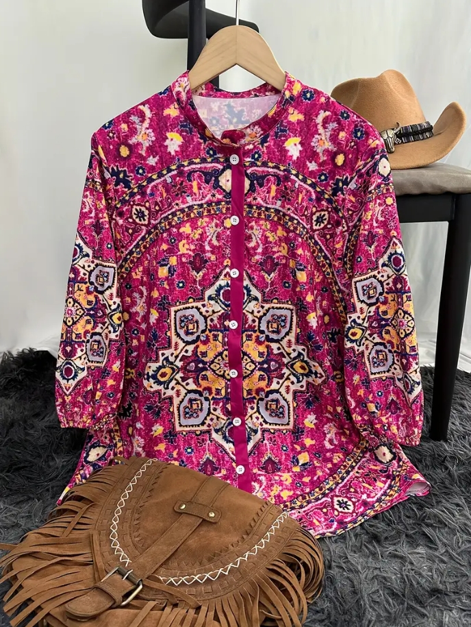 Popular fashion summer stand collar loose button retro print casual shirt