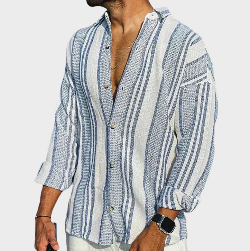 3D digital printing striped men's casual long-sleeved cotton and linen shirt