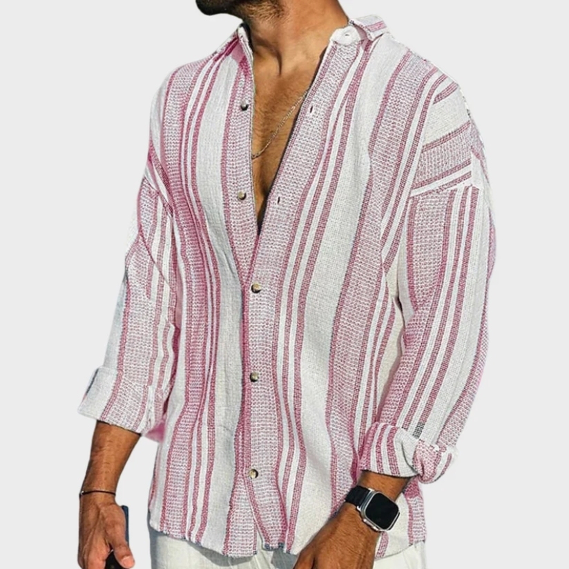 3D digital printing striped men's casual long-sleeved cotton and linen shirt