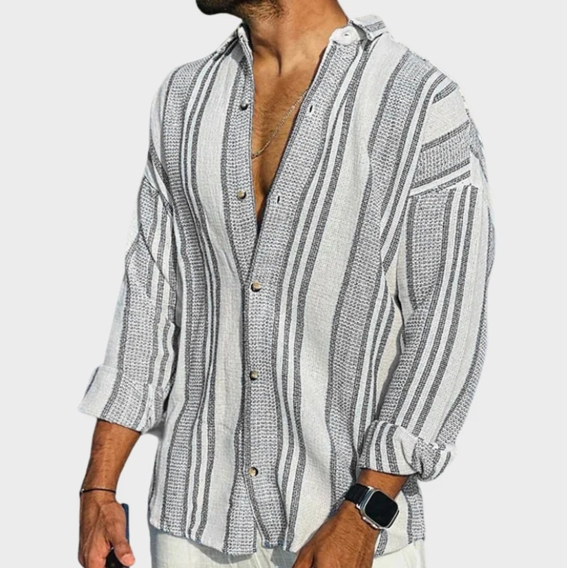 3D digital printing striped men's casual long-sleeved cotton and linen shirt