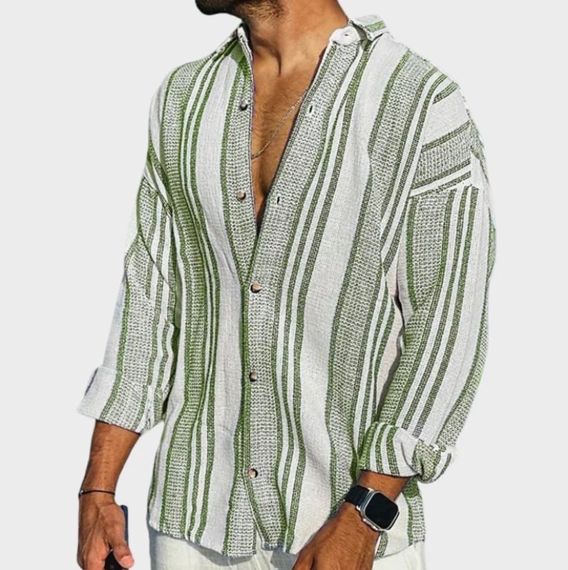 3D digital printing striped men's casual long-sleeved cotton and linen shirt