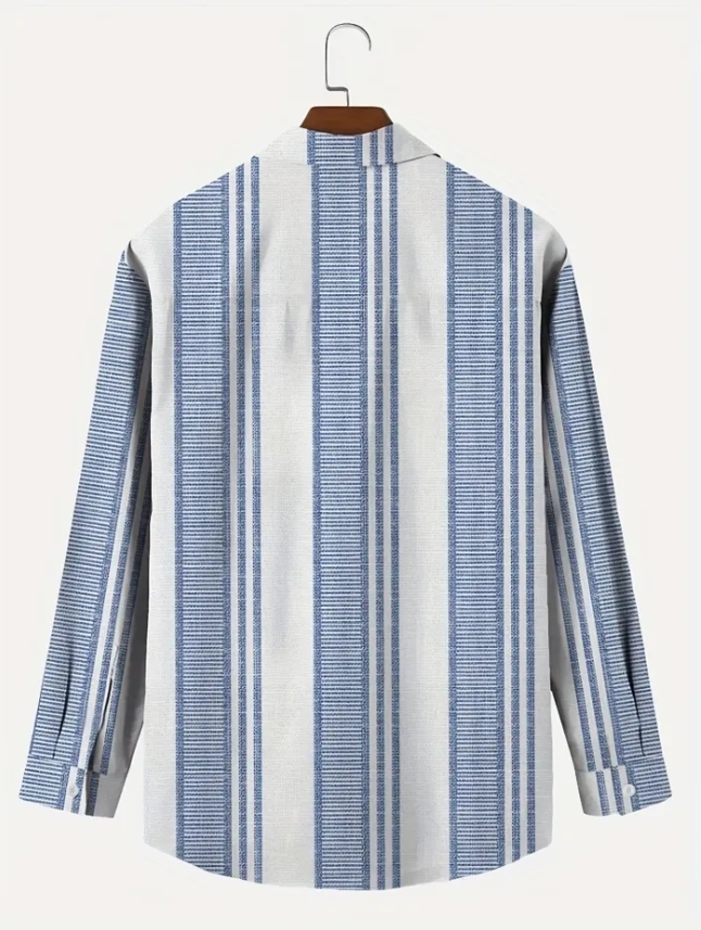 3D digital printing striped men's casual long-sleeved cotton and linen shirt