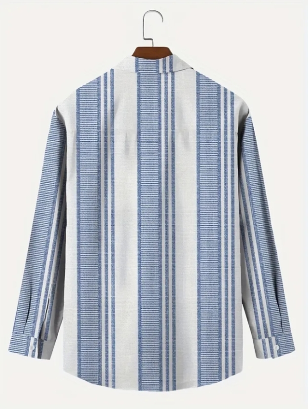 3D digital printing striped men's casual long-sleeved cotton and linen shirt
