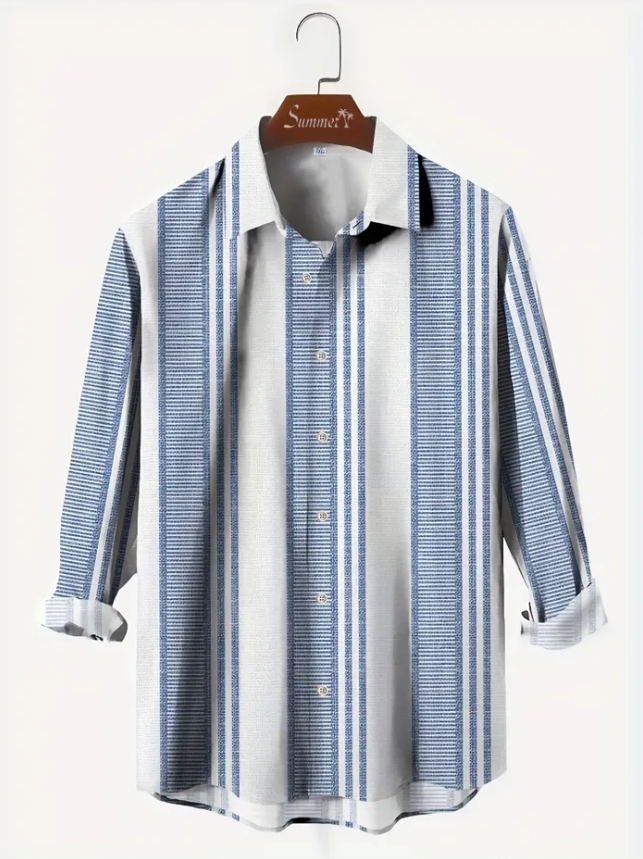 3D digital printing striped men's casual long-sleeved cotton and linen shirt